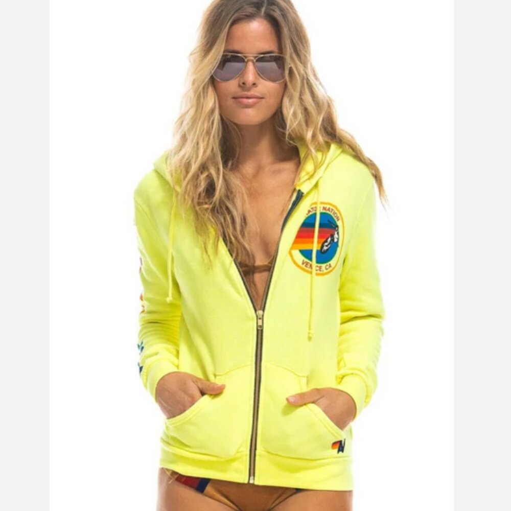 Aviator Nation Zip-Up Logo Neon Yellow Hoodie Sweatshirt